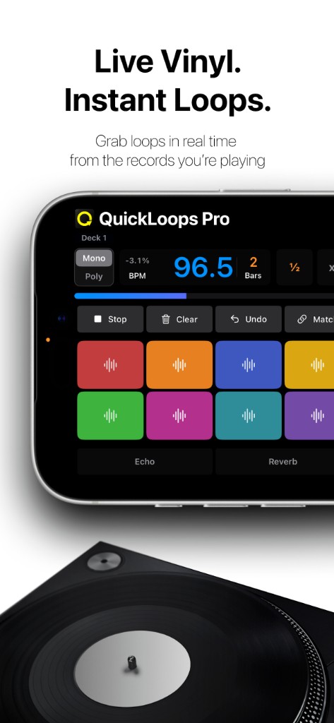 QuickLoops Pro on iPhone showing a single deck with 8 colored loop slots and a 96.5 BPM display, sitting beside a turntable.