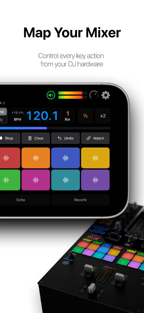 QuickLoops Pro on iPhone showing 16 colored loop pads above a Pioneer DJ battle mixer.