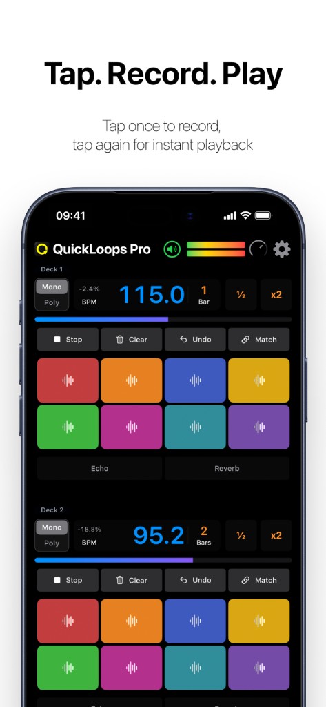 QuickLoops Pro on iPhone showing two decks stacked, each with 8 colored slots, BPM displays, and Echo / Reverb controls.